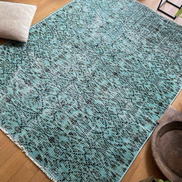 110×150 ボタニカル ターコイズオーバーダイ トルコヴィンテージラグ