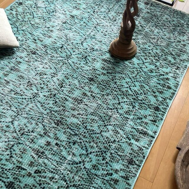 ヴィンテージラグ　ブルーオーバーダイ　ターコイズ　サークルフラワー　ボタニカル 110×150 ボタニカル ターコイズオーバーダイ トルコヴィンテージ