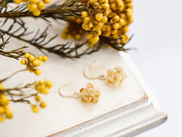 ハニーフラット◆一点物✧希少✧カラーチェンジフローライトピアス✧14kgf 14kgf ピアス】はちみつ ハニー シトリンの実 金平糖 11月誕生石／誕生