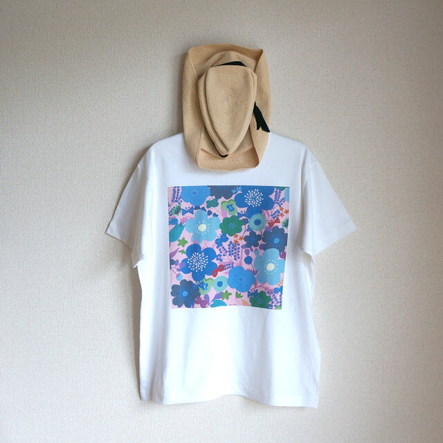 オーガニックコットン【半袖/長袖】「 happy garden（ ブルー&ピンク × ナチュラル／ホワイト ）」Ｔシャツ