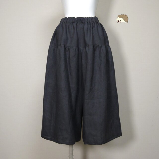 カラーリネン◆ギャザーパンツ◆チャコール◆M・L・LL（中厚、リネン100％）