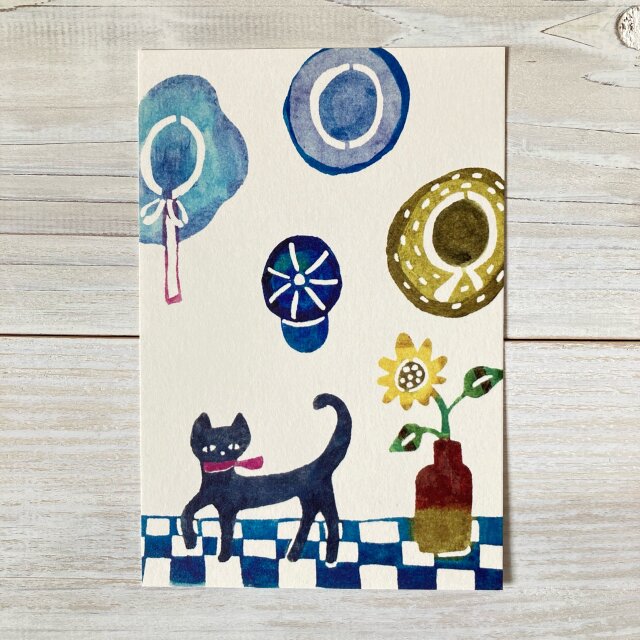ポストカード2枚セット・型染め「帽子と猫」