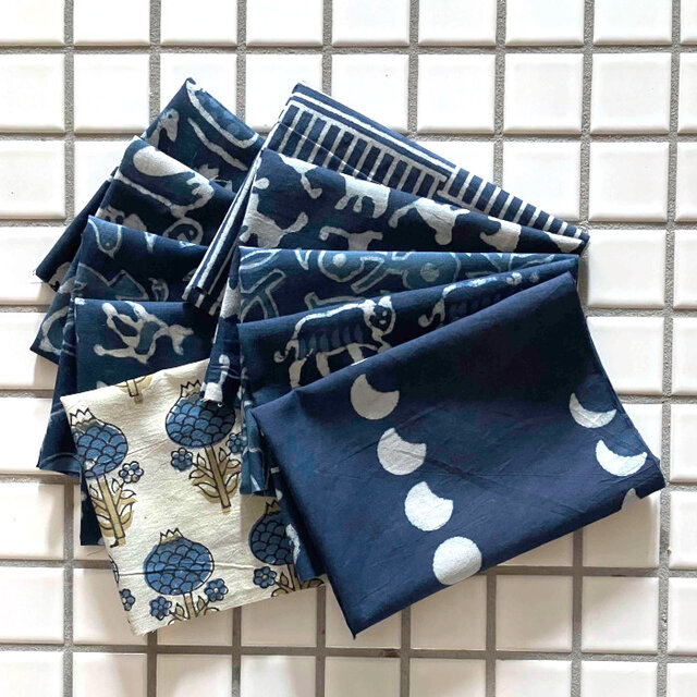 インド ブロックプリント生地 ミニカットクロス10枚セットv.4藍染ファブリック はぎれ インディゴブルー 青 象IF0265