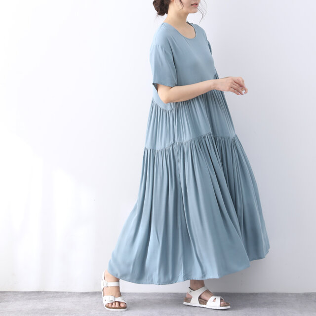 全9色　ひんやり　夏生地　半袖　ギャザーたっぷり　ゆったり　ロングワンピース ♪オーダーサイズ可