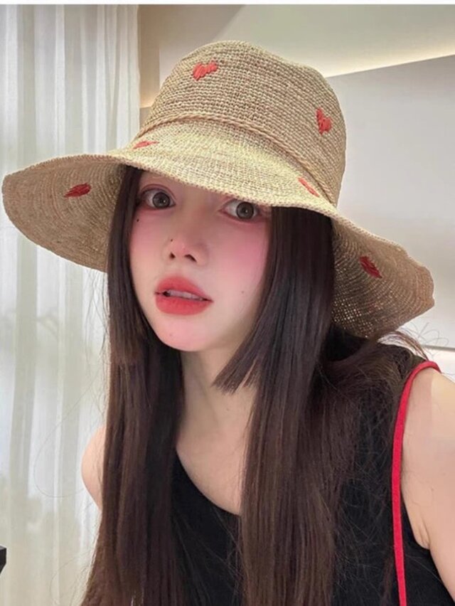 ラフィアハット、フレンチスタイルの帽子、麦わら帽子、夏用、大人、ストローハット、日よけ・UV対策 サイズ調節