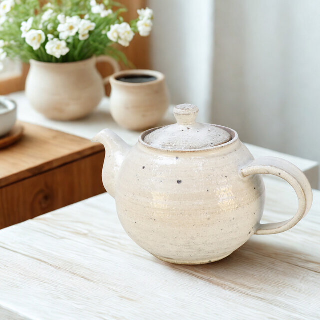 ろくろ粉引ポット 【美濃焼】