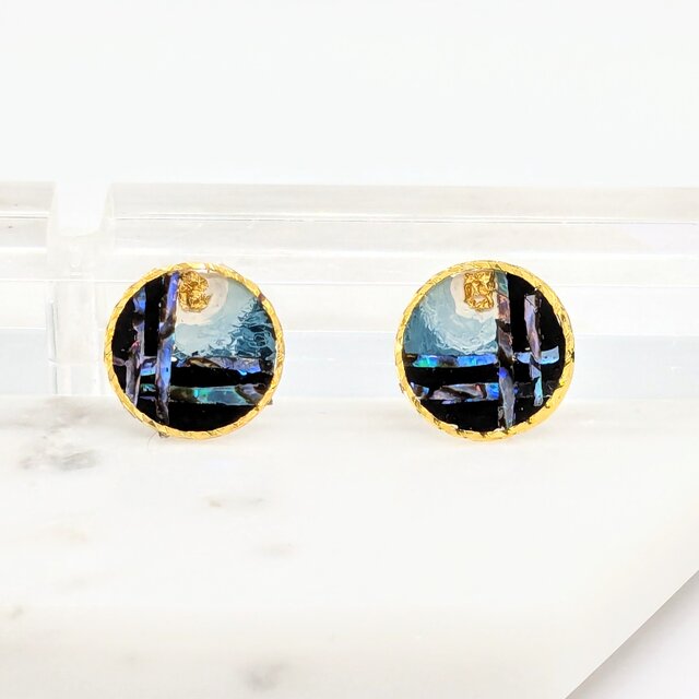 24k金箔の月と螺鈿の格子に黒漆のピアスイヤリング【2212】のコピー