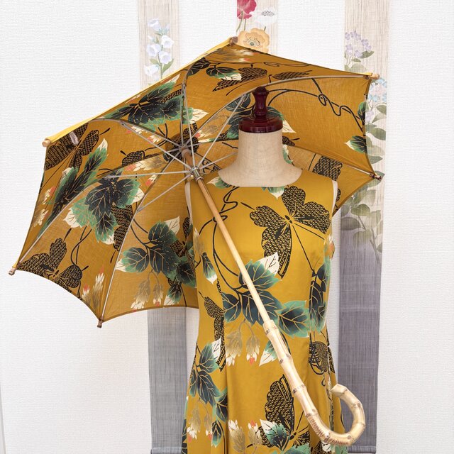 浴衣反物から作ったプリンセスラインワンピースと日傘　炎帝
