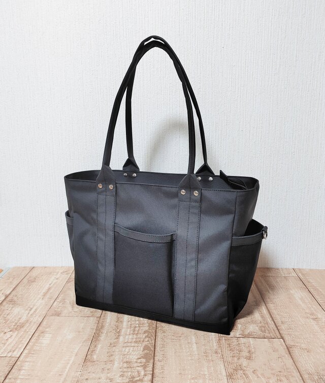 コーデュラナイロン×本革トートバッグL｜軽量＆撥水・13インチPC対応〈自立・多ポケット仕様〉ブラック