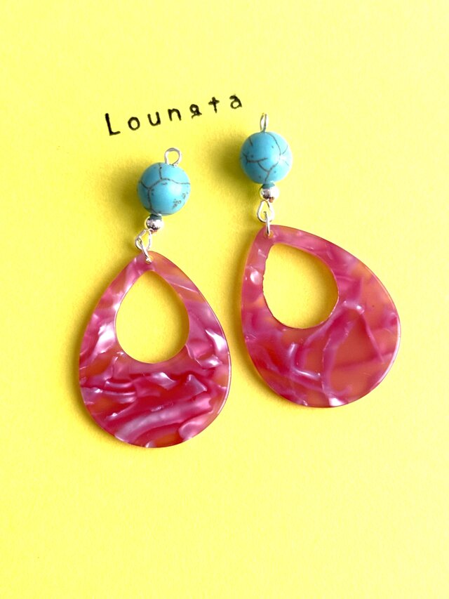 送料無料 ターコイズピアス ピンク 大ぶりピアス 夏ピアス プチプラ