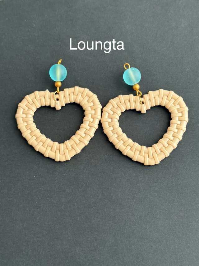 送料無料 ラタンピアス ラタン風 ブルー ハート 大ぶりピアス 夏ピアス