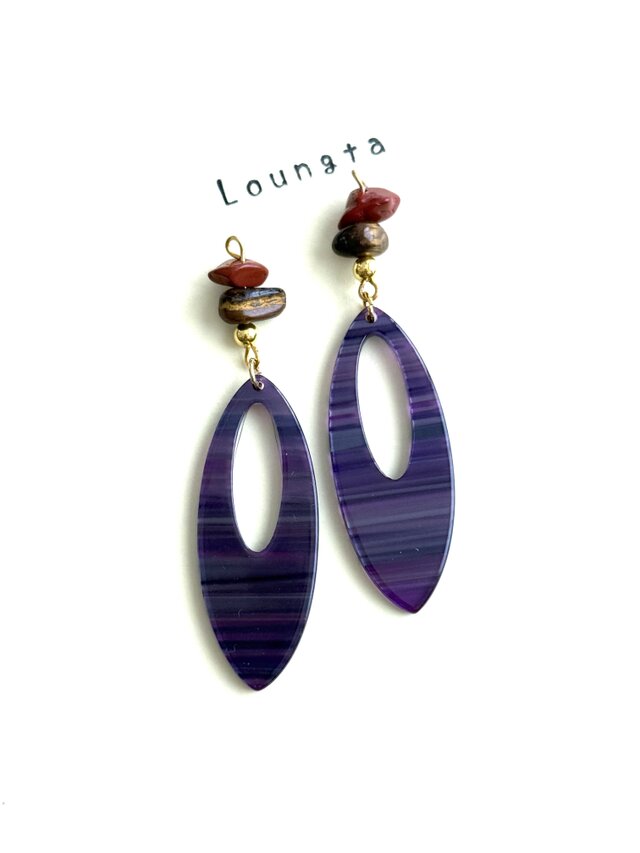 天然石タイガーアイ アメジスト パープルの大ぶりピアス 樹脂ピアス