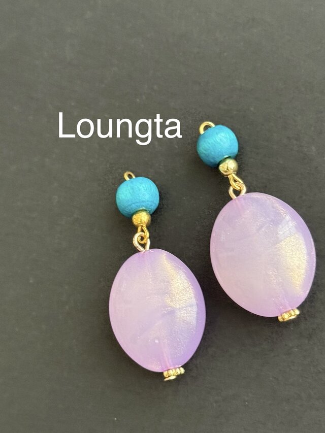 ウッドビーズピアス ターコイズブルー パープル 大ぶりピアス 樹脂ピアス