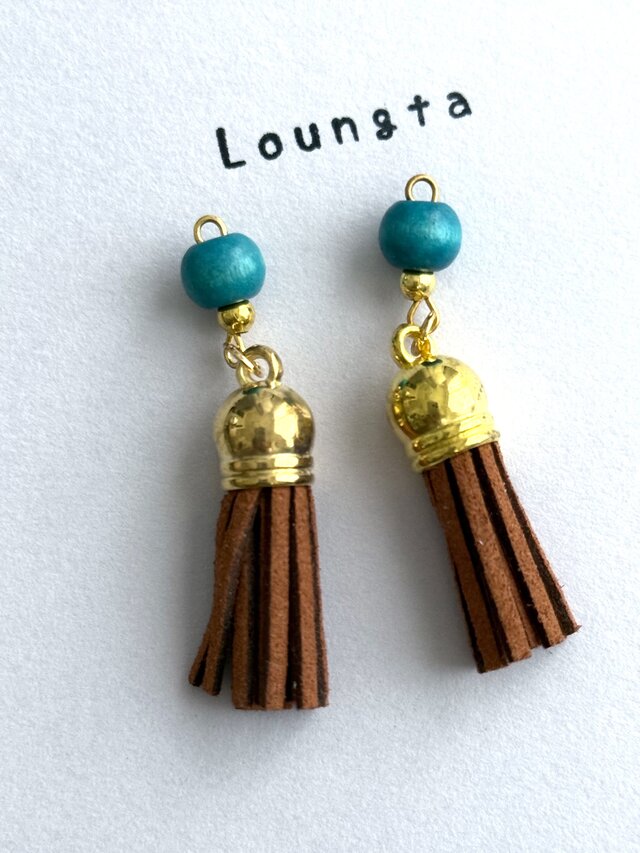 タッセルピアス フリンジピアス ターコイズブルー ブラウン 樹脂ピアス