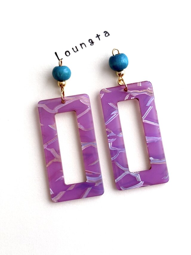 送料無料 ウッドビーズピアス 大ぶりピアス ブルー ターコイズカラー パープルピンク 樹脂ピアス