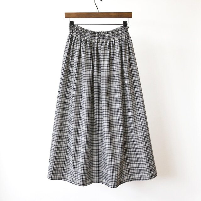 【即納】 播州織 綿麻スカート（ モノトーンチェック ）総丈70cm、ウェストS（60～67cm）リネン 麻 灰 グレー