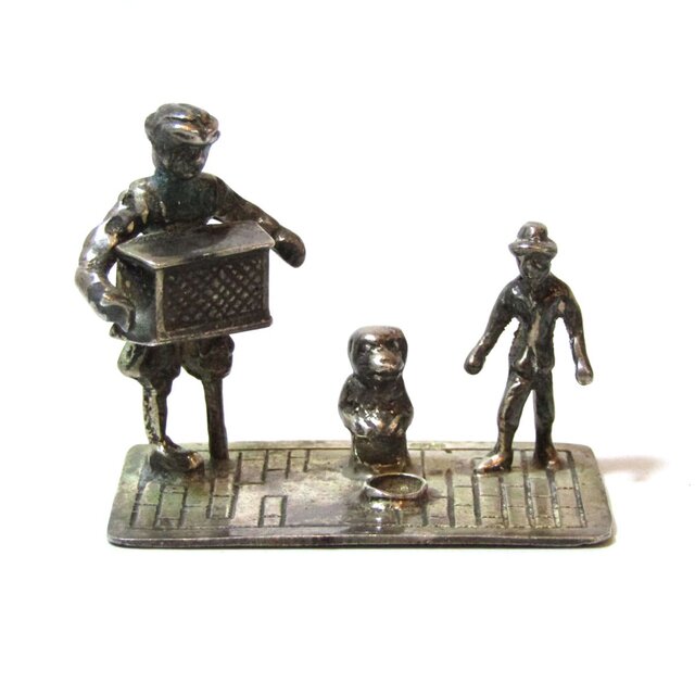 80s Dutch Silver Miniature - Street Organ Player with Monkey