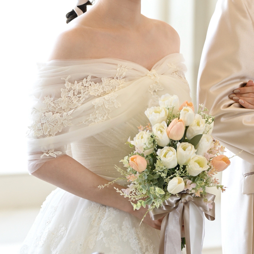 取り外しオフショルダーのみ 流れる透け花レース 七分袖丈 くるみボタン 結婚式 拳式