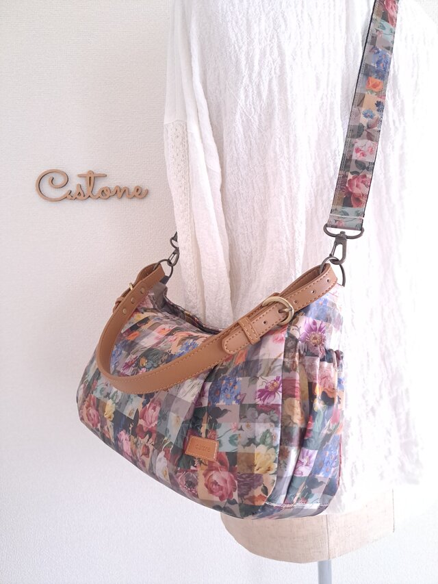 持ち手別売り　リバティ　ラミネート　アーカイブギンガム　グレー　横長ショルダー 受注製作♪ リバティ アーカイブギンガム マルチ ラミネート