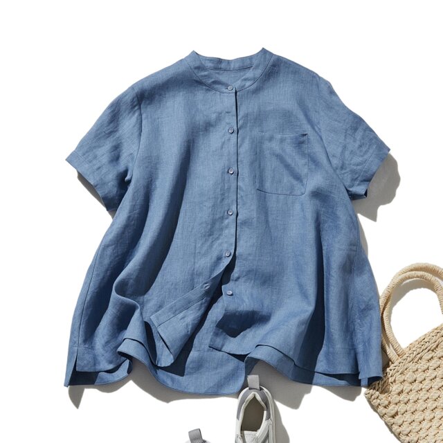 夏に嬉しい通気性◎ 上質リネンの半袖シャツ 羽織りコーデにも　リネン100％　灰みのある青色　250513-4
