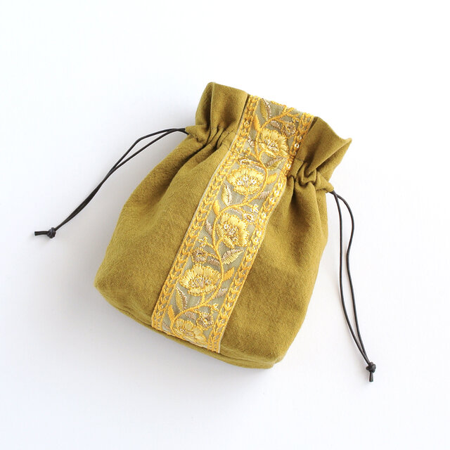 インド刺繍リボンのマチのある巾着ポーチ 　イエロー