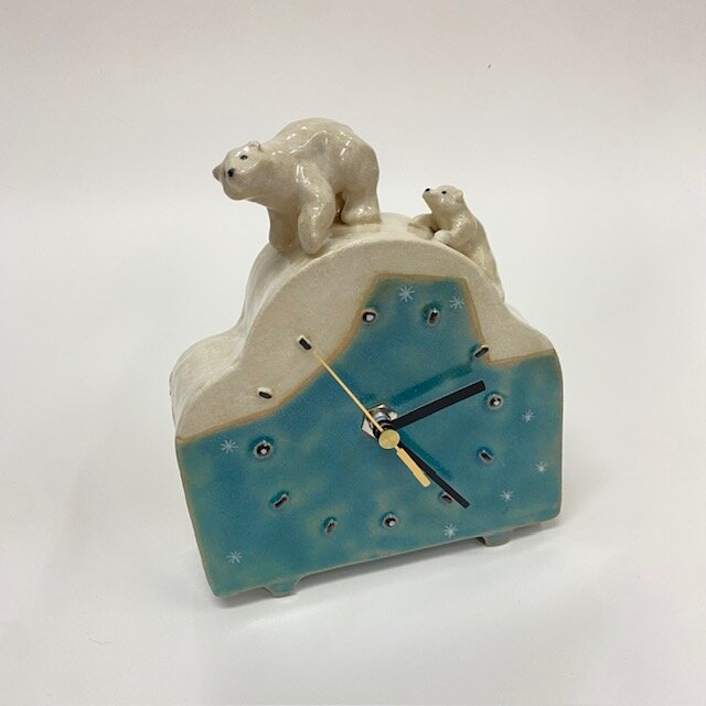 陶の置時計「シロクマ親子」