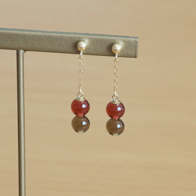 コーラル＆ブロンズ＊ガラス／14KGF ピアスorイヤリング