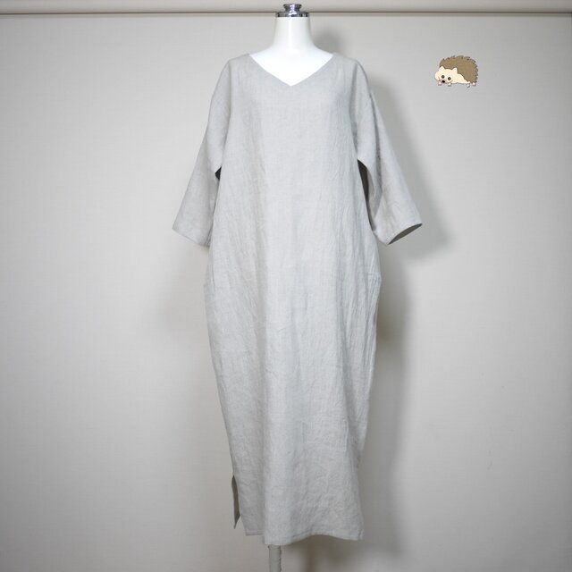 カラーリネン◆ストレートワンピース　七分袖◆生成り◆フリーサイズ（中厚、リネン100％）
