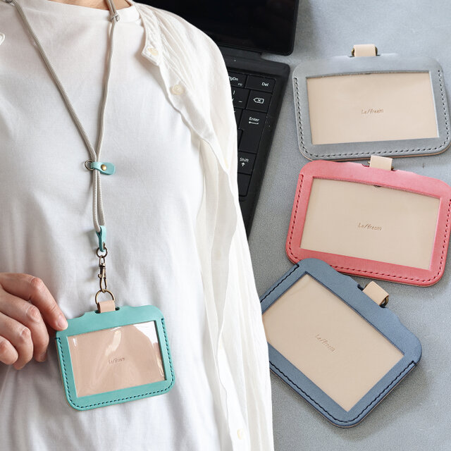 IDケース＋ネックストラップ付 LF-102+LF-080 シビラ×ヌメ革ツートン レザー パスケース 社員証ケース