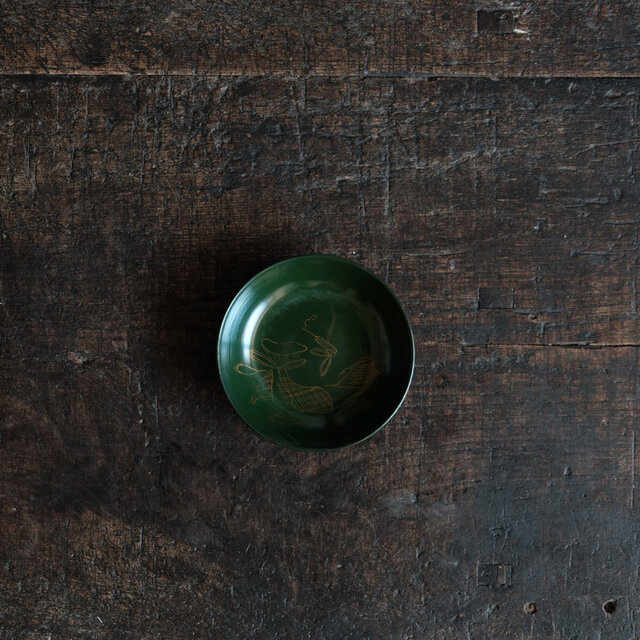 緑で素敵◆巾着の絵。時代物　漆芸蒔絵小皿　漆器　骨董/antiques 古民家 菓子皿　大正時代