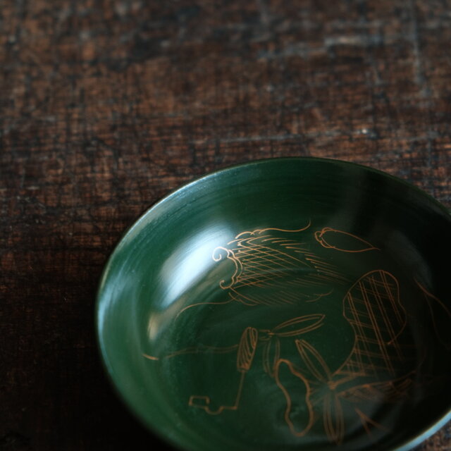 緑で素敵◇巾着の絵。時代物 漆芸蒔絵小皿 漆器 骨董/antiques 古民家