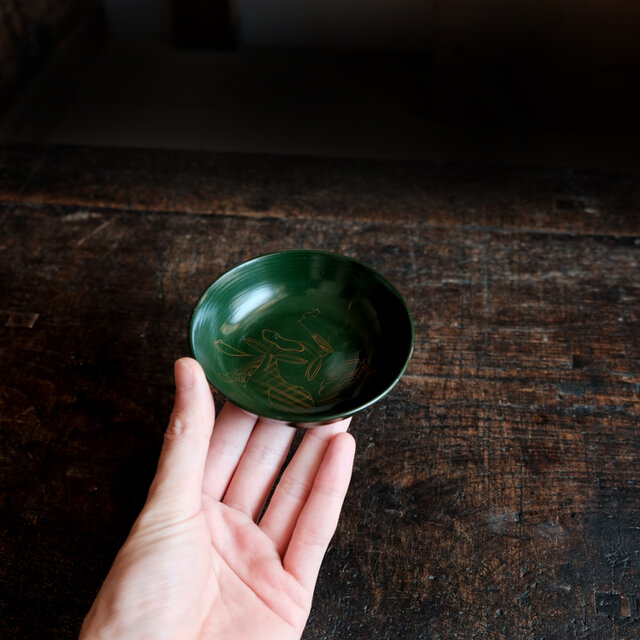 緑で素敵◇巾着の絵。時代物 漆芸蒔絵小皿 漆器 骨董/antiques 古民家