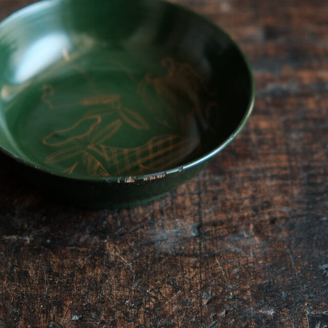 緑で素敵◇巾着の絵。時代物 漆芸蒔絵小皿 漆器 骨董/antiques 古民家