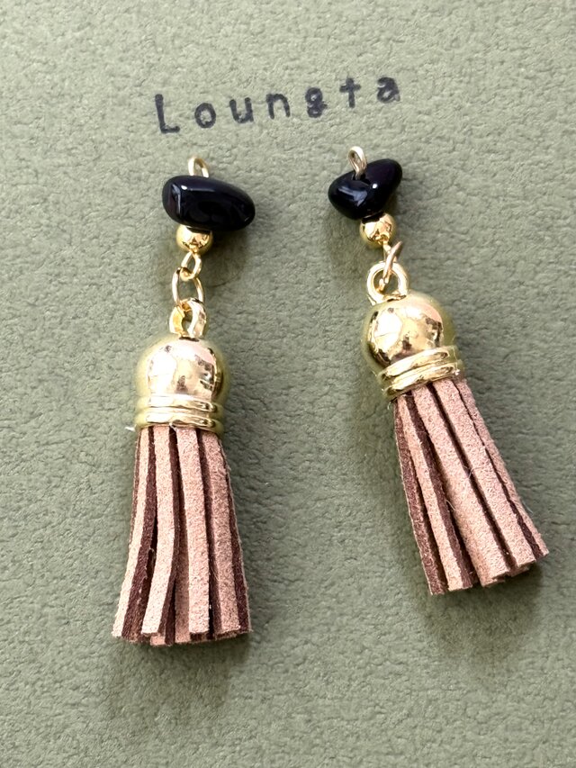 天然石 フリンジタッセル ヘマタイト キャメルブラウンタッセル アンティークピアス 夏ピアス 一年中使えるピアス 樹脂ピアス