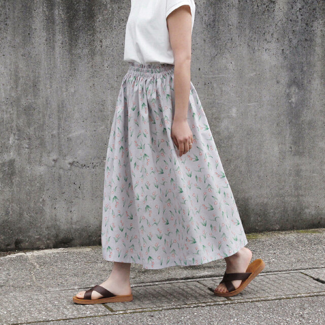 チューリップ柄 綿麻ギャザースカート（ライトグレー）リネン 麻 ロング マキシ ポケット
