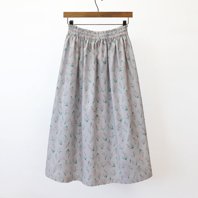 【即納】チューリップ柄 綿麻ギャザースカート（ライトグレー）リネン 麻