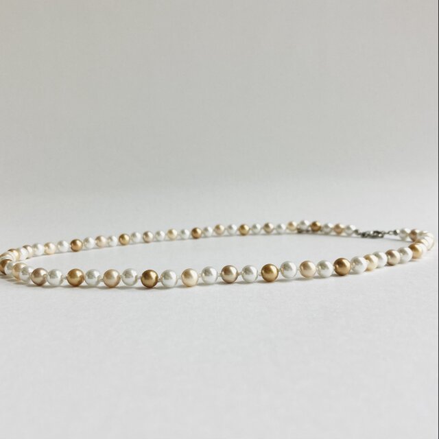 ガラスパールmixカラーオールノットミディアムネックレス/6mm約50cm/ホワイトxブラウンmix/made in japan