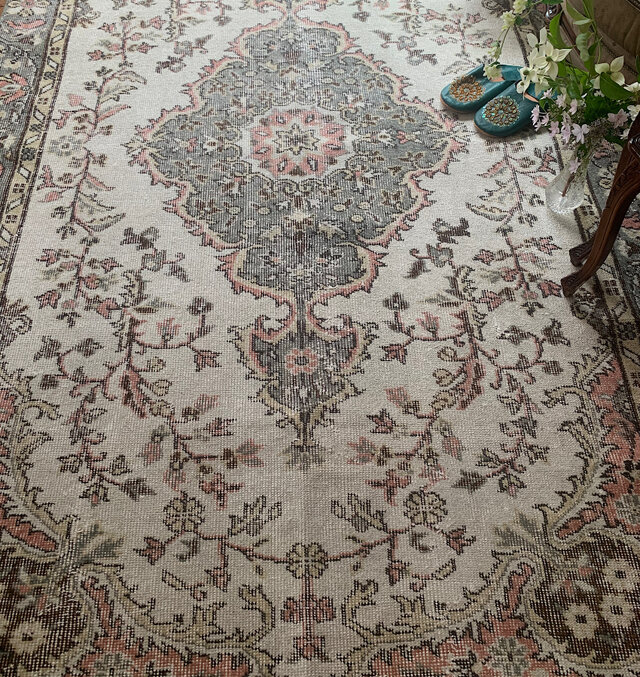 トルコヴィンテージラグ超大判272×158 ペールピンクモスグレーグリーン