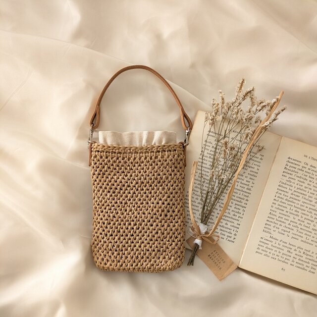 ラフィア風ミニバッグ オートミールｘキャメル(TCフルステッチ)