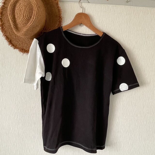 水玉プリント切替ボーダーTシャツ　黒白F