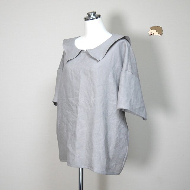 リネン◆ひらっとカラーのロングセーラーブラウス　半袖◆グレージュ◆フリーサイズ（中厚、リネン100％）