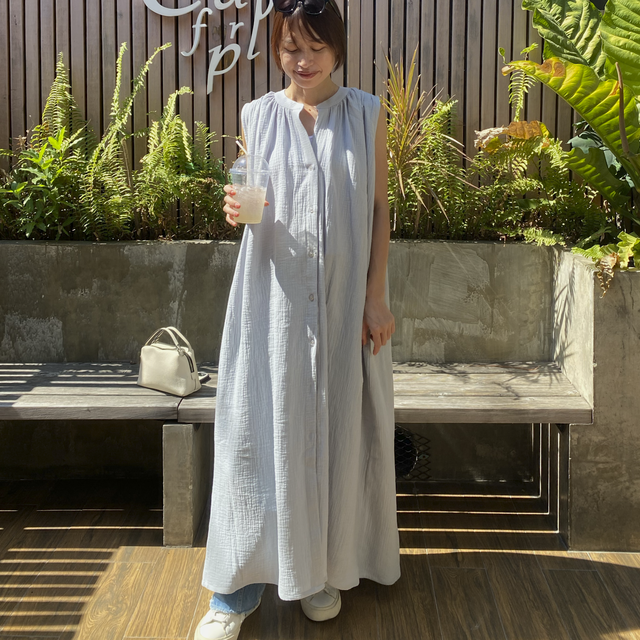 サラッと着れる コットン ダブルガーゼ ノースリーブシャツワンピース　アイスグレー　0696Grey