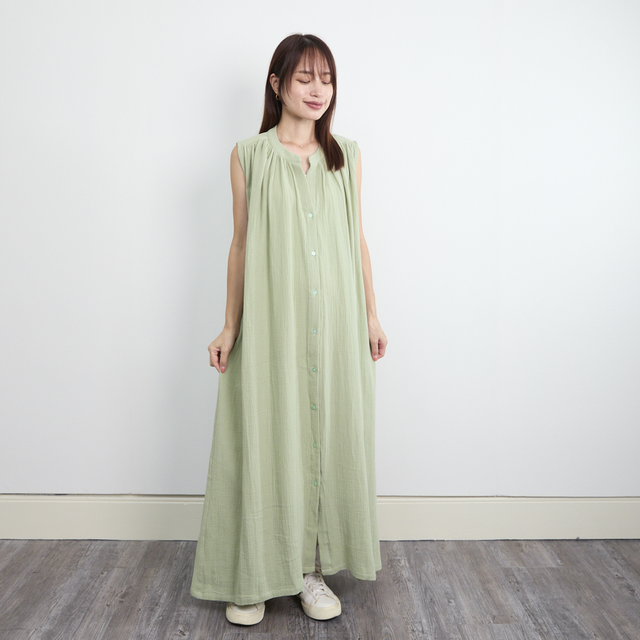 サラッと着れる コットン ダブルガーゼ ノースリーブシャツワンピース　ピスタチオグリーン　0696GR