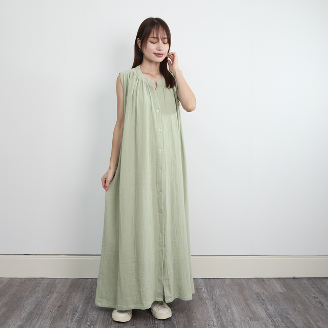 サラッと着れる コットン ダブルガーゼ ノースリーブシャツワンピース