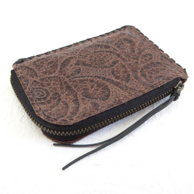 スリムタイプ♪《牛革》Ｌ字ファスナー・コインケース・型押しペイズリー・0038