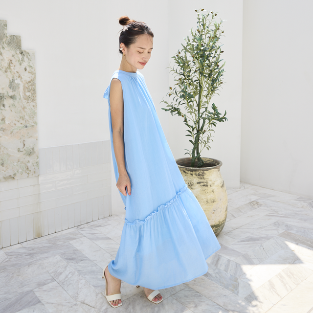 【着丈調整可能】バックリボン ギャザー ライトコットン ワンピース　スカイブルー　0657L.BL