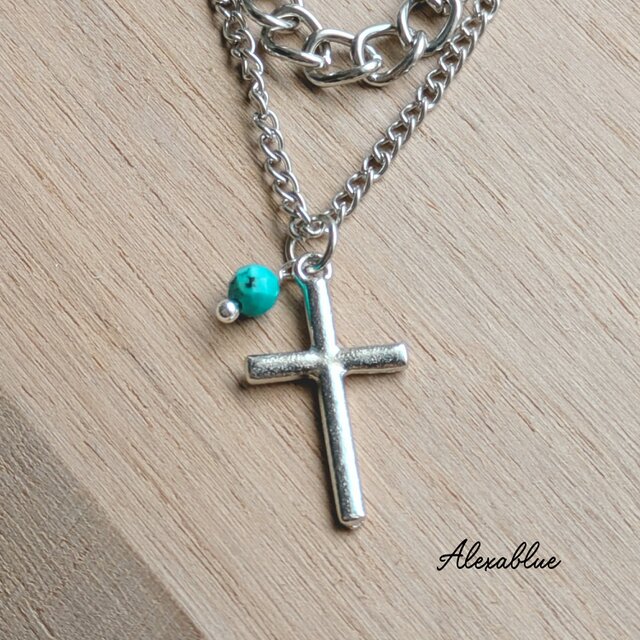 ターコイズ クロス２連ネックレス 12月誕生石 ユニセックスアクセサリー