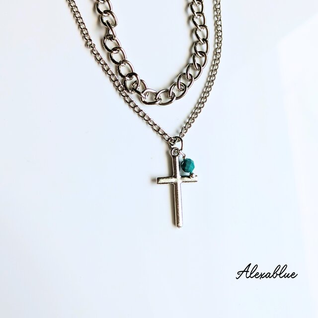 ターコイズ クロス2連ネックレス 12月誕生石 ユニセックス