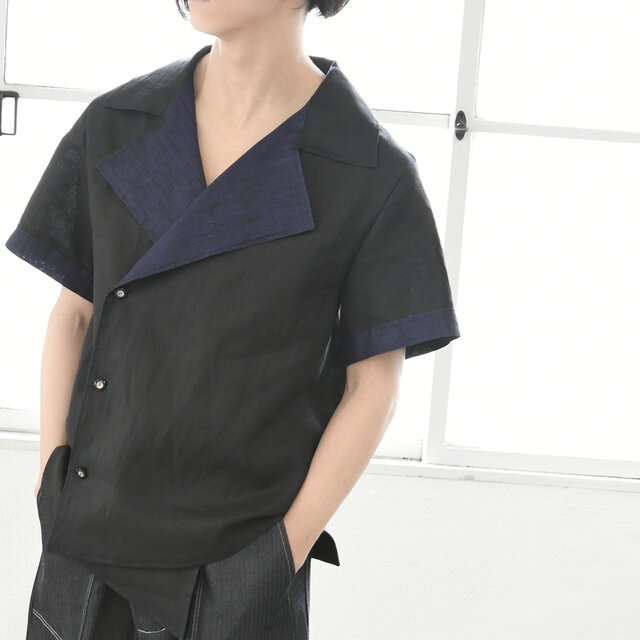 【完全一点物】半袖ダブルシャツ(ネイビー×ブラック)