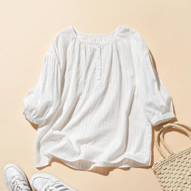 大人可愛い抜け感放つ　7分袖ブラウス　コットン100％ 　ホワイト　250602-1